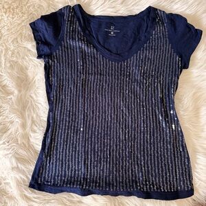 Women's Navy Sequin, V-neck, short sleeve Top